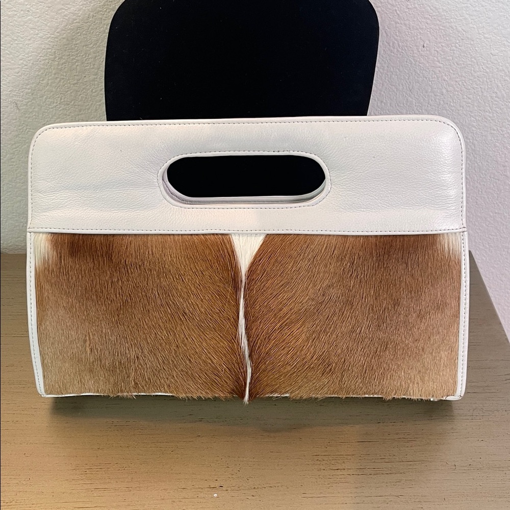 White Leather and Brown Cowhide Clutch